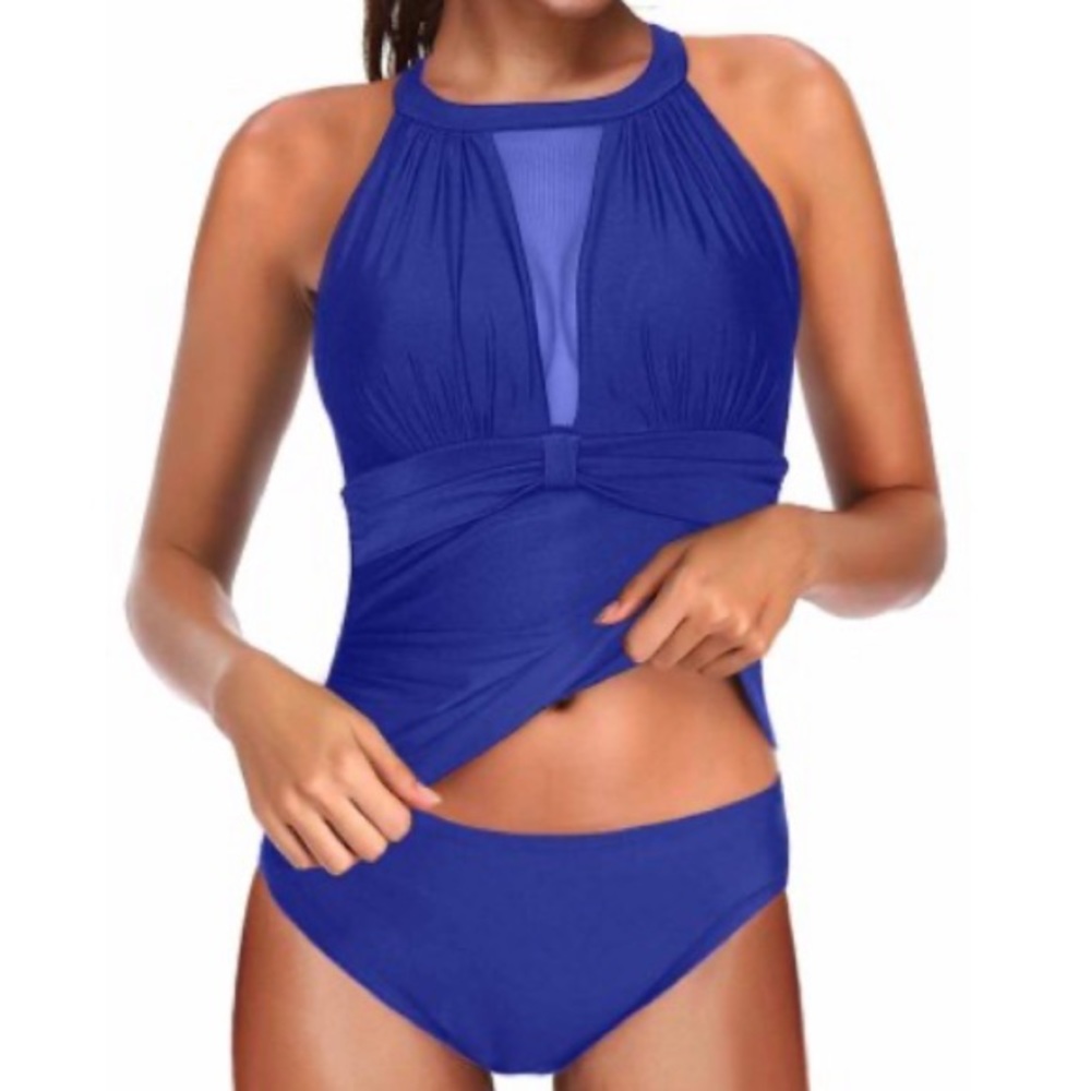 Royal Blue High Neck Tankini Set